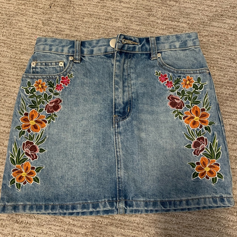 Forever 21 Embroidered Floral Jean Skirt
